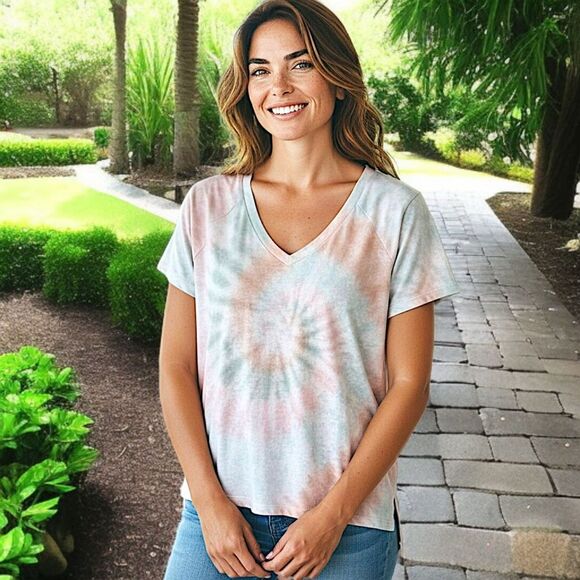 Tie Dye Terry Cloth Top L Relaxed Short Sleeve Beachy Coastal Pastels Hippie - Picture 1 of 16